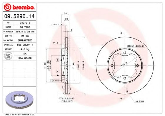 BREMBO 09.5290.14 Тормозной диск для ACURA CL (Акура Cл) BREMBO 09.5290.14 Тормозной диск для ACURA CL (Акура Cл)