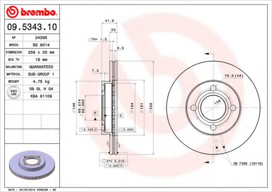 BREMBO 09.5343.10 Тормозной диск для AUDI 80 (Ауди 80) BREMBO 09.5343.10 Тормозной диск для AUDI 80 (Ауди 80)