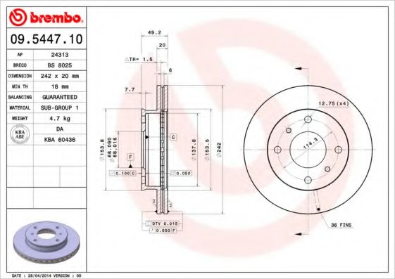 BREMBO 09.5447.10 Тормозной диск для NISSAN PRIMERA (Ниссан Примера) BREMBO 09.5447.10 Тормозной диск для NISSAN PRIMERA (Ниссан Примера)