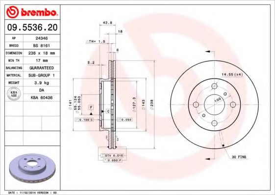 BREMBO 09.5536.20 Тормозной диск для TOYOTA (Тойота/тоета) BREMBO 09.5536.20 Тормозной диск для TOYOTA (Тойота/тоета)
