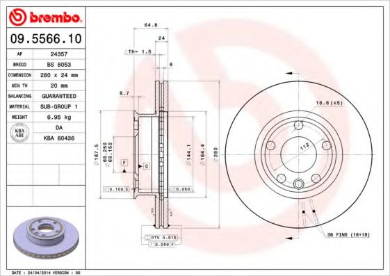 BREMBO 09.5566.10 Тормозной диск для VOLKSWAGEN T4 MULTIVAN (Фольксваген Т4 мултиvан) BREMBO 09.5566.10 Тормозной диск для VOLKSWAGEN T4 MULTIVAN (Фольксваген Т4 мултиvан)