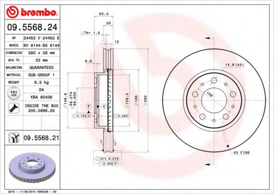 BREMBO 09.5568.24 Тормозной диск для VOLVO C70 I (Вольво C70 и) BREMBO 09.5568.24 Тормозной диск для VOLVO C70 I (Вольво C70 и)