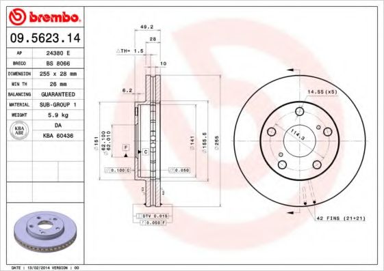BREMBO 09.5623.14 Тормозной диск для TOYOTA SCEPTER (Тойота/тоета Сcэптэр) BREMBO 09.5623.14 Тормозной диск для TOYOTA SCEPTER (Тойота/тоета Сcэптэр)