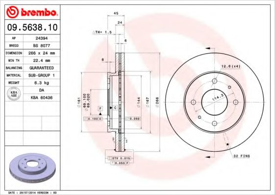 BREMBO 09.5638.10 Тормозной диск для MITSUBISHI ETERNA IV (Митсубиши/митсубиси Этэрна иv) BREMBO 09.5638.10 Тормозной диск для MITSUBISHI ETERNA IV (Митсубиши/митсубиси Этэрна иv)