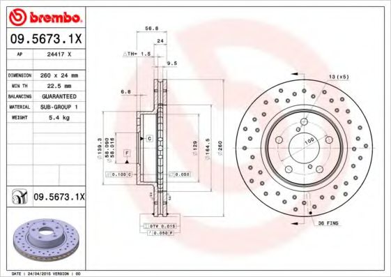BREMBO 09.5673.1X Тормозной диск для SUBARU LEGACY II (Субару Легаси 2) BREMBO 09.5673.1X Тормозной диск для SUBARU LEGACY II (Субару Легаси 2)
