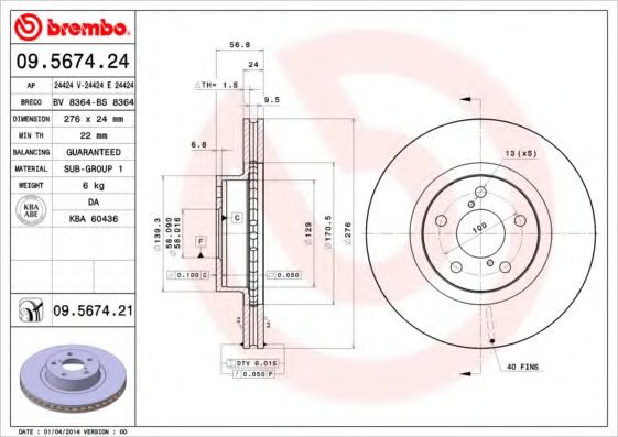 BREMBO 09.5674.21 Тормозной диск для SUBARU LEGACY III (Субару Легаси 3) BREMBO 09.5674.21 Тормозной диск для SUBARU LEGACY III (Субару Легаси 3)