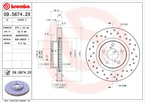 BREMBO 09.5674.2X Тормозной диск для SUBARU LEGACY III (Субару Легаси 3) BREMBO 09.5674.2X Тормозной диск для SUBARU LEGACY III (Субару Легаси 3)