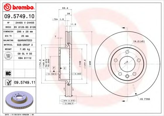 BREMBO 09.5749.11 Тормозной диск для OPEL OMEGA B (Опель Омега б) BREMBO 09.5749.11 Тормозной диск для OPEL OMEGA B (Опель Омега б)