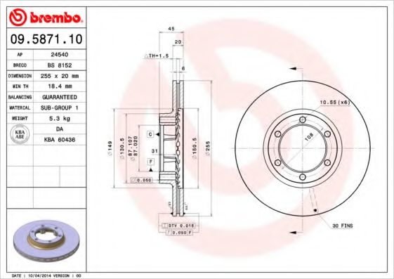 BREMBO 09.5871.10 Тормозной диск для MITSUBISHI PAJERO/SHOGUN I (Митсубиши/митсубиси Пажэро/шогун и) BREMBO 09.5871.10 Тормозной диск для MITSUBISHI PAJERO/SHOGUN I (Митсубиши/митсубиси Пажэро/шогун и)