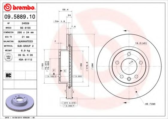 BREMBO 09.5889.10 Тормозной диск для OPEL OMEGA B (Опель Омега б) BREMBO 09.5889.10 Тормозной диск для OPEL OMEGA B (Опель Омега б)