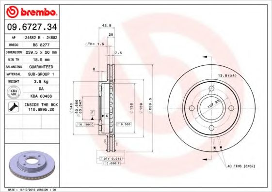 BREMBO 09.6727.34 Тормозной диск для FORD FIESTA (Форд Фиэста) BREMBO 09.6727.34 Тормозной диск для FORD FIESTA (Форд Фиэста)