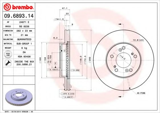 BREMBO 09.6893.14 Тормозной диск для HONDA ODYSSEY (Хонда Одъссэъ) BREMBO 09.6893.14 Тормозной диск для HONDA ODYSSEY (Хонда Одъссэъ)