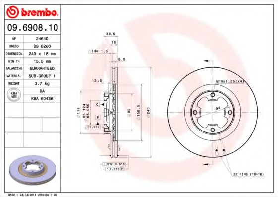 BREMBO 09.6908.10 Тормозной диск для SUBARU (Субару) BREMBO 09.6908.10 Тормозной диск для SUBARU (Субару)