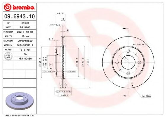 BREMBO 09.6943.10 Тормозной диск для NISSAN PULSAR VI (Ниссан Пулсар vи) BREMBO 09.6943.10 Тормозной диск для NISSAN PULSAR VI (Ниссан Пулсар vи)