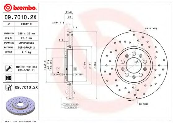 BREMBO 09.7010.2X Тормозной диск для SKODA RAPID SPACEBACK (Шкода Рапид спэйсбэк) BREMBO 09.7010.2X Тормозной диск для SKODA RAPID SPACEBACK (Шкода Рапид спэйсбэк)