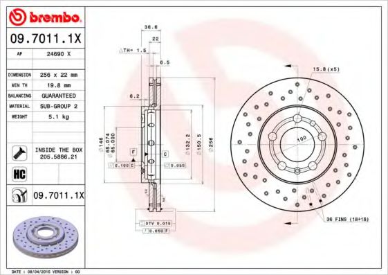 BREMBO 09.7011.1X Тормозной диск для SKODA PRAKTIK (Шкода Практик) BREMBO 09.7011.1X Тормозной диск для SKODA PRAKTIK (Шкода Практик)