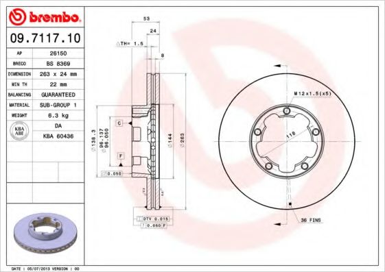 BREMBO 09.7117.10 Тормозной диск для NISSAN (Ниссан) BREMBO 09.7117.10 Тормозной диск для NISSAN (Ниссан)