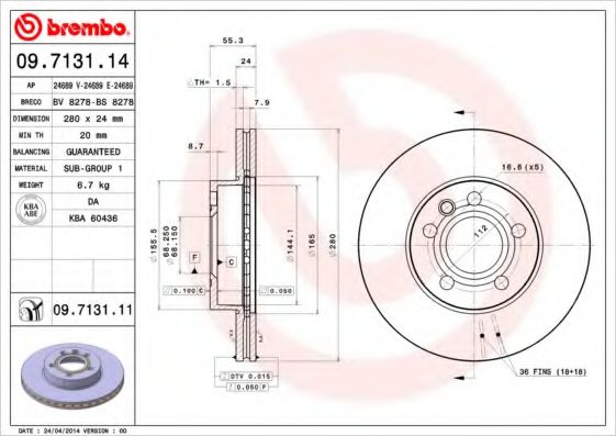BREMBO 09.7131.11 Тормозной диск для VOLKSWAGEN T4 MULTIVAN (Фольксваген Т4 мултиvан) BREMBO 09.7131.11 Тормозной диск для VOLKSWAGEN T4 MULTIVAN (Фольксваген Т4 мултиvан)