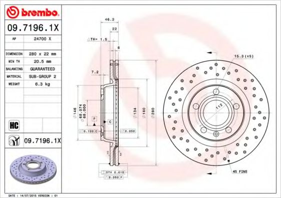 BREMBO 09.7196.1X Тормозной диск для AUDI A4 (Ауди А4) BREMBO 09.7196.1X Тормозной диск для AUDI A4 (Ауди А4)
