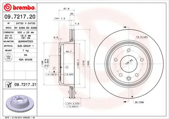 BREMBO 09.7217.20 Тормозной диск для JAGUAR VANDEN PLAS (Ягуар Vандэн плас) BREMBO 09.7217.20 Тормозной диск для JAGUAR VANDEN PLAS (Ягуар Vандэн плас)