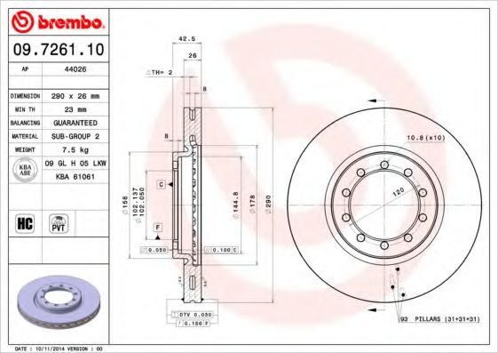 BREMBO 09.7261.10 Тормозной диск для RENAULT TRAFIC (Рено Трафик) BREMBO 09.7261.10 Тормозной диск для RENAULT TRAFIC (Рено Трафик)