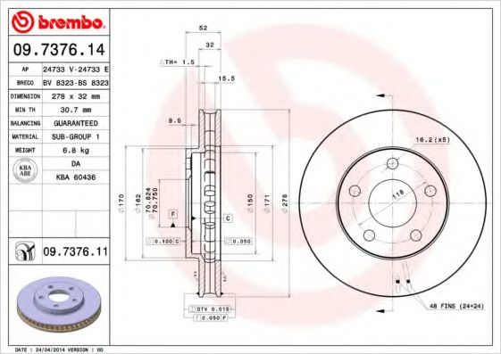 BREMBO 09.7376.11 Тормозной диск для PONTIAC (Понтиак) BREMBO 09.7376.11 Тормозной диск для PONTIAC (Понтиак)