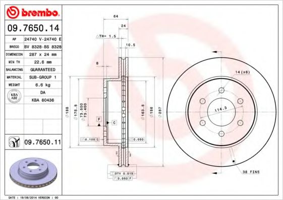 BREMBO 09.7650.11 Тормозной диск для DODGE DAKOTA (Додж Дакота) BREMBO 09.7650.11 Тормозной диск для DODGE DAKOTA (Додж Дакота)