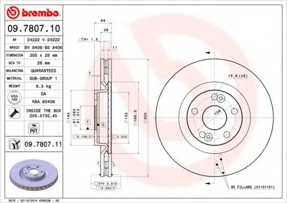 BREMBO 09.7807.10 Тормозной диск для RENAULT AVANTIME (Рено Аvантимэ) BREMBO 09.7807.10 Тормозной диск для RENAULT AVANTIME (Рено Аvантимэ)