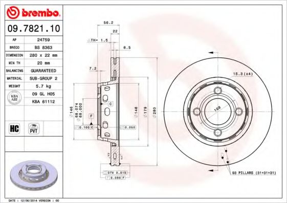 BREMBO 09.7821.10 Тормозной диск для AUDI 90 (Ауди 90) BREMBO 09.7821.10 Тормозной диск для AUDI 90 (Ауди 90)