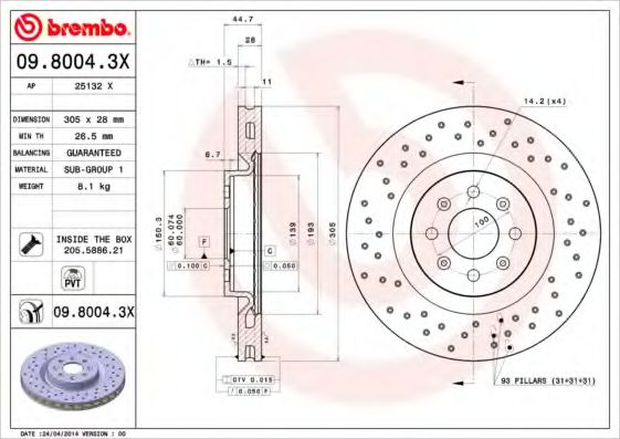 BREMBO 09.8004.3X Тормозной диск для ABARTH GRANDE PUNTO (Абартх Гранде пунто) BREMBO 09.8004.3X Тормозной диск для ABARTH GRANDE PUNTO (Абартх Гранде пунто)
