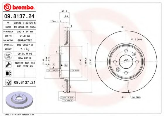 BREMBO 09.8137.21 Тормозной диск для RENAULT MEGANE II -LET (Рено Меган 2 лет) BREMBO 09.8137.21 Тормозной диск для RENAULT MEGANE II -LET (Рено Меган 2 лет)