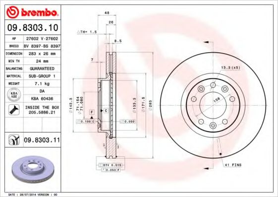 BREMBO 09.8303.11 Тормозной диск для PEUGEOT 407 (Пежо 407) BREMBO 09.8303.11 Тормозной диск для PEUGEOT 407 (Пежо 407)