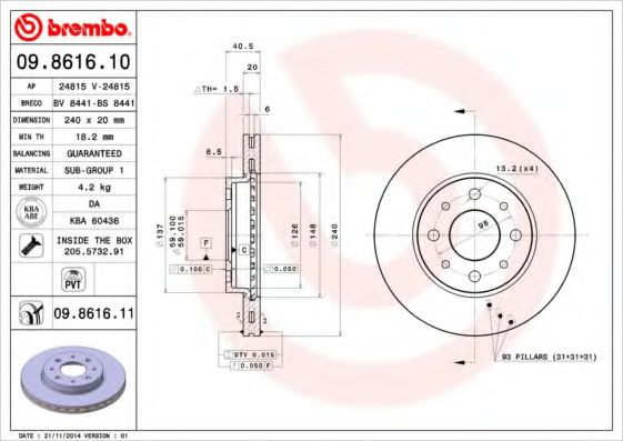 BREMBO 09.8616.11 Тормозной диск для FIAT 500 C (Фиат 500 c) BREMBO 09.8616.11 Тормозной диск для FIAT 500 C (Фиат 500 c)