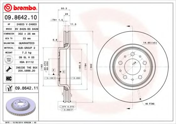 BREMBO 09.8642.10 Тормозной диск для VOLVO C70 I (Вольво C70 и) BREMBO 09.8642.10 Тормозной диск для VOLVO C70 I (Вольво C70 и)