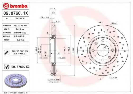 BREMBO 09.8760.1X Тормозной диск для PEUGEOT 207 (Пежо 207) BREMBO 09.8760.1X Тормозной диск для PEUGEOT 207 (Пежо 207)