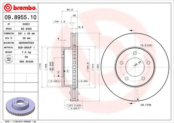 BREMBO 09.8955.10 Тормозной диск для JAGUAR VANDEN PLAS (Ягуар Vандэн плас) BREMBO 09.8955.10 Тормозной диск для JAGUAR VANDEN PLAS (Ягуар Vандэн плас)