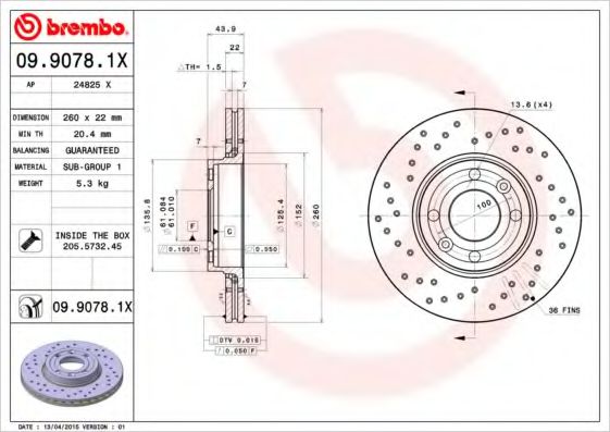 BREMBO 09.9078.1X Тормозной диск для DACIA LOGAN (Дача Логан) BREMBO 09.9078.1X Тормозной диск для DACIA LOGAN (Дача Логан)