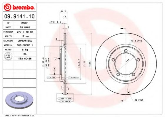 BREMBO 09.9141.10 Тормозной диск для DAIHATSU FEROZA (Дайхатсу Фэроза) BREMBO 09.9141.10 Тормозной диск для DAIHATSU FEROZA (Дайхатсу Фэроза)