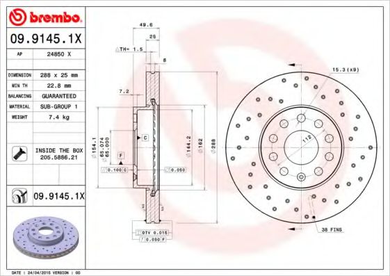 BREMBO 09.9145.1X Тормозной диск для SEAT (Сеат) BREMBO 09.9145.1X Тормозной диск для SEAT (Сеат)