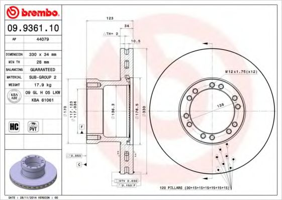BREMBO 09.9361.10 Тормозной диск для DAF LF 45 (Даф Лф 45) BREMBO 09.9361.10 Тормозной диск для DAF LF 45 (Даф Лф 45)