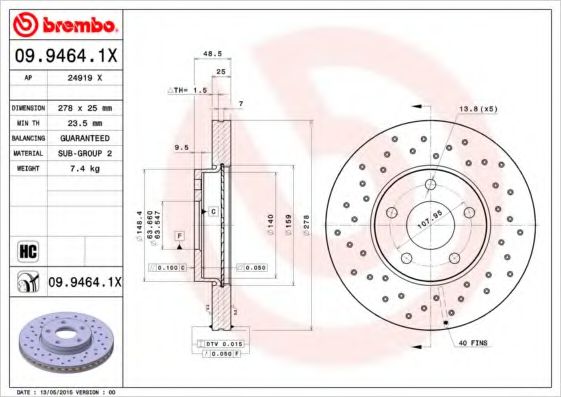 BREMBO 09.9464.1X Тормозной диск для FORD (Форд) BREMBO 09.9464.1X Тормозной диск для FORD (Форд)