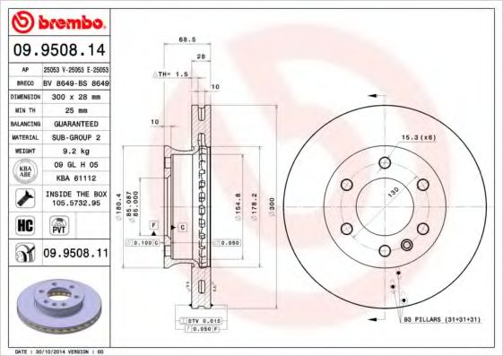 BREMBO 09.9508.11 Тормозной диск для MERCEDES-BENZ SPRINTER 5-T (Мэрcэдэс-бэнз Спринтэр 5-т) BREMBO 09.9508.11 Тормозной диск для MERCEDES-BENZ SPRINTER 5-T (Мэрcэдэс-бэнз Спринтэр 5-т)