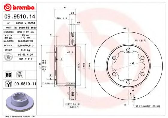 BREMBO 09.9510.14 Тормозной диск для MERCEDES-BENZ SPRINTER 5-T (Мэрcэдэс-бэнз Спринтэр 5-т) BREMBO 09.9510.14 Тормозной диск для MERCEDES-BENZ SPRINTER 5-T (Мэрcэдэс-бэнз Спринтэр 5-т)