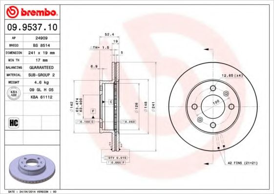 BREMBO 09.9537.10 Тормозной диск для HYUNDAI ACCENT II (Хендай Акцент 2) BREMBO 09.9537.10 Тормозной диск для HYUNDAI ACCENT II (Хендай Акцент 2)