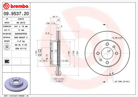 BREMBO 09.9537.20 Тормозной диск для HYUNDAI ACCENT II (Хендай Акцент 2) BREMBO 09.9537.20 Тормозной диск для HYUNDAI ACCENT II (Хендай Акцент 2)