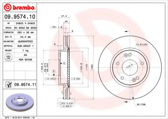 BREMBO 09.9574.10 Тормозной диск для HYUNDAI EMBERA V (Хендай Эмбэра v) BREMBO 09.9574.10 Тормозной диск для HYUNDAI EMBERA V (Хендай Эмбэра v)