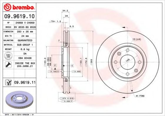 BREMBO 09.9619.10 Тормозной диск для CITROËN C3 II (CитроËн С3 2) BREMBO 09.9619.10 Тормозной диск для CITROËN C3 II (CитроËн С3 2)