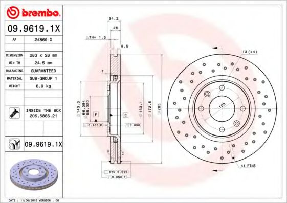 BREMBO 09.9619.1X Тормозной диск для CITROËN C3 II (CитроËн С3 2) BREMBO 09.9619.1X Тормозной диск для CITROËN C3 II (CитроËн С3 2)