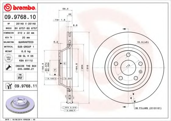 BREMBO 09.9768.10 Тормозной диск для AUDI TT (Ауди Тт) BREMBO 09.9768.10 Тормозной диск для AUDI TT (Ауди Тт)