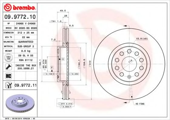 BREMBO 09.9772.10 Тормозной диск для AUDI TT (Ауди Тт) BREMBO 09.9772.10 Тормозной диск для AUDI TT (Ауди Тт)